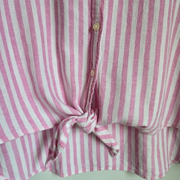 LOFT, Pink Striped Linen Blend Button Down Tie Front Everyday Shirt SZ Large - Picture 6 of 14